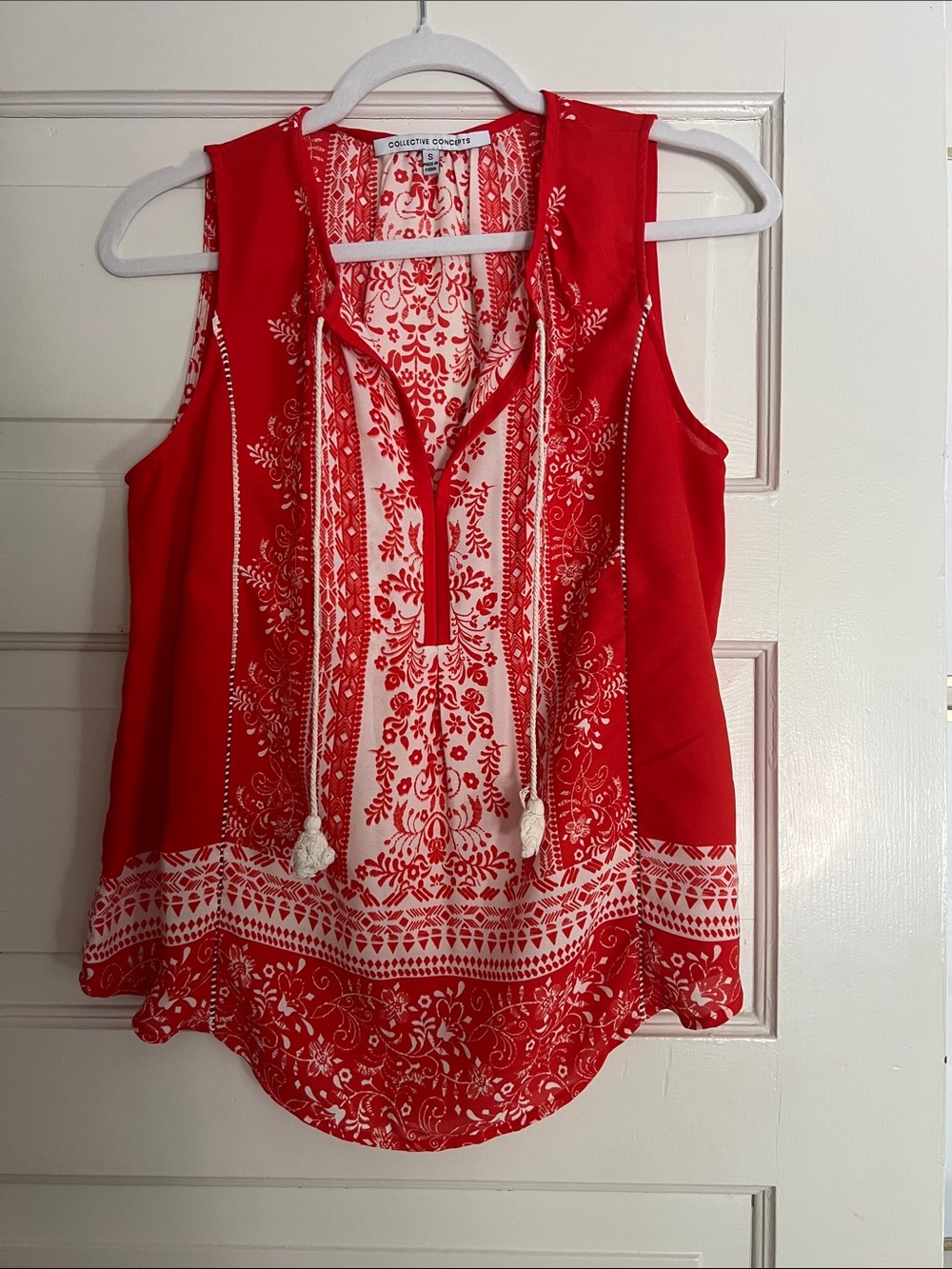 Collective Concepts Red and White Printed Tassel Tank